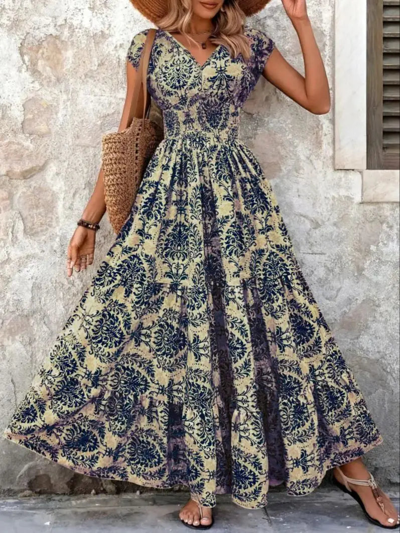 Vintage Floral Print Dress Elegant V-Neck Short Sleeve LADYLYS