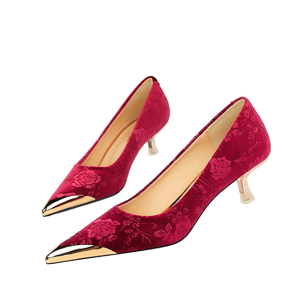 Vintage Suede Print 4cm High Heels Pumps Female Chic Metal Pointed Toe Elegant LADYLYS