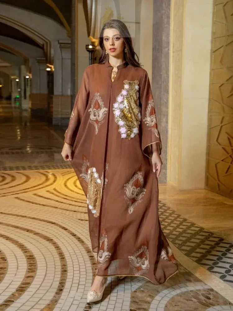 Morocco Dress for Women Muslim Abaya India Stand Collar Abayas Enbroidery Sequins LADYLYS