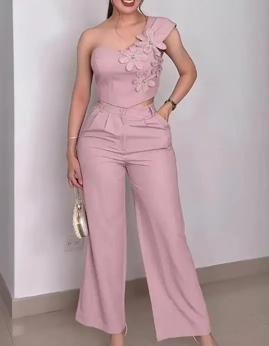 Rhinestone 3D Floral 2-Piece Set – Glamorous Women's Evening Outfit