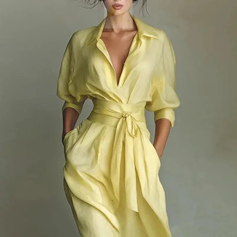 Bohemian Elegant Lace-up Turn-down Collar Hollow Spring 3/4 Sleeve Pocket Maxi Dress LADYLYS