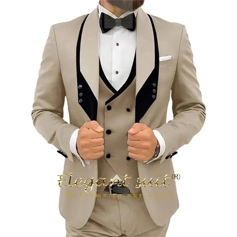 Men's black collar 3 piece suit (single button jacket vest and trousers)elegant slim fit tuxedo LADYLYS