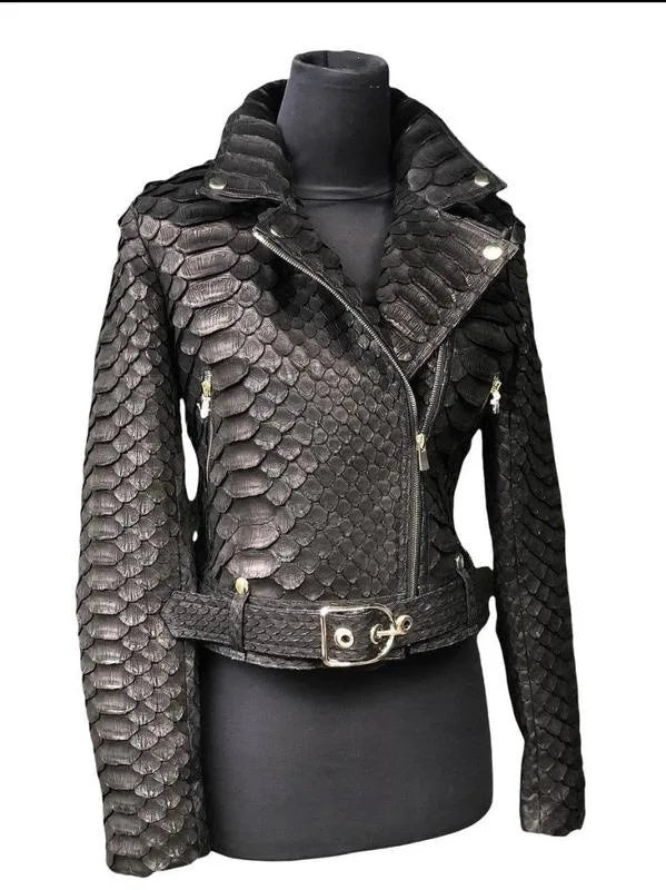 Women's Snakeskin PU Leather Moto Jacket – Zip-Up Biker Jacket
