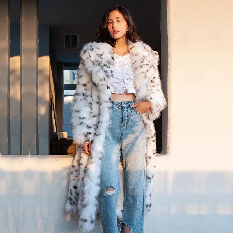 Women's Long Leopard-Print Fur-Look Winter Coat