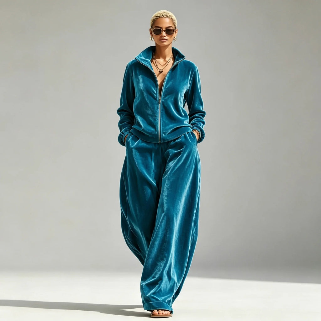 Women's Velvet Two-Piece Set with Wide-Leg Pants