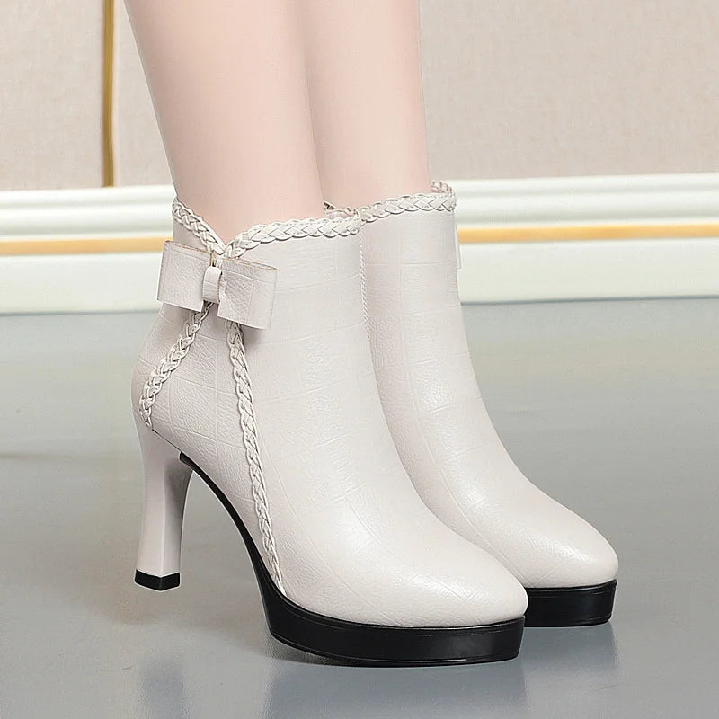 Women's Velvet Stiletto Ankle Boots – Pointed Toe Platform Booties with Bow Detail