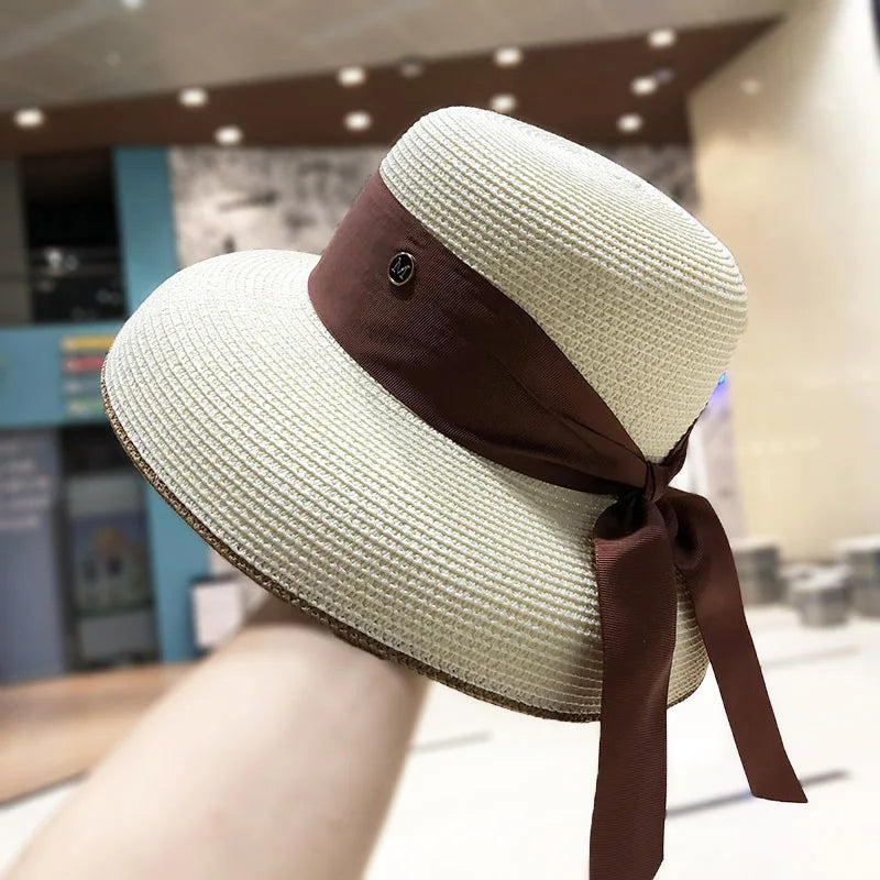 hood Hepburn wind big brim straw hat female summer sunscreen basin hat French beach holiday sunshade hat LADYLYS