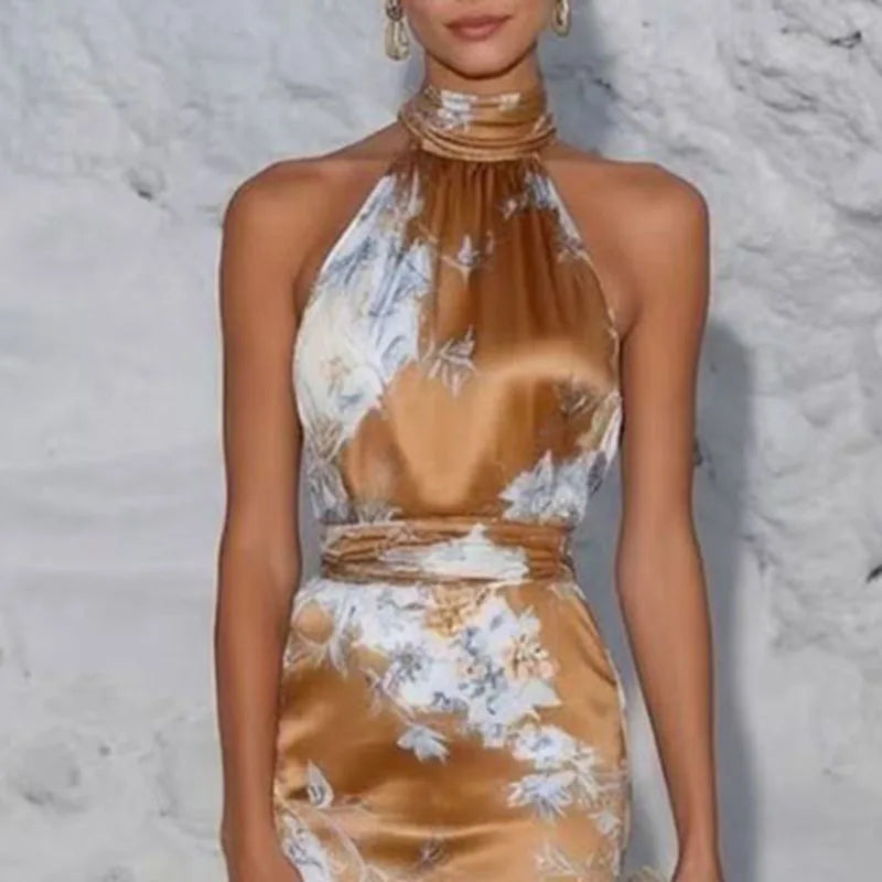 Elegant Halter Neck Satin Bodycon Dress Womens Floral Print Ruched LADYLYS