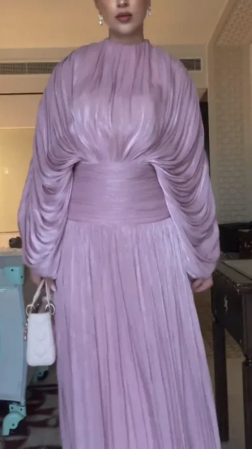 Long-Sleeve Pleated Chiffon A-Line Evening Gown