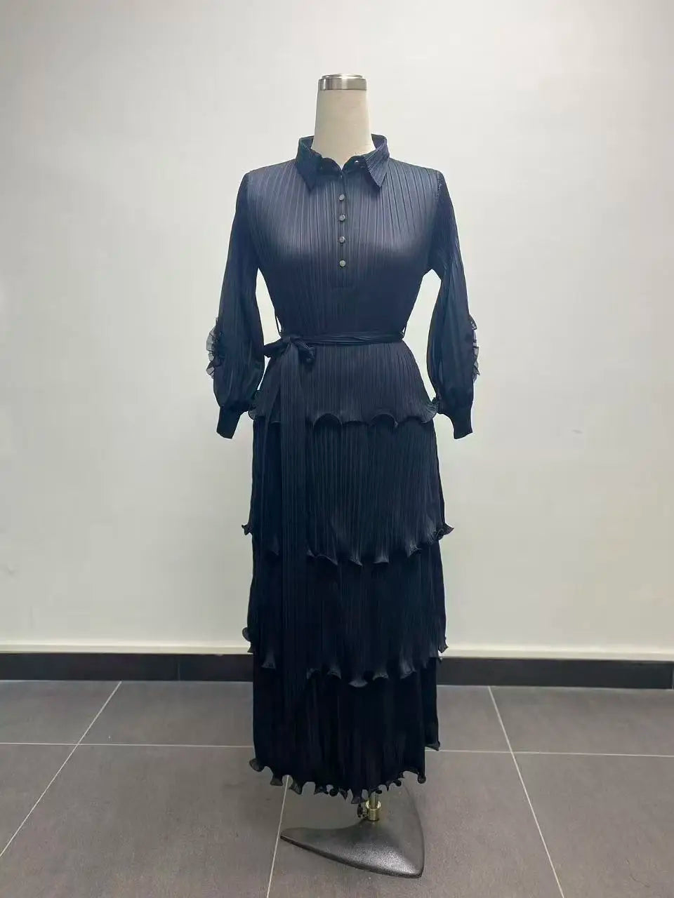 Women's Miyake Pleated Tiered Maxi Dress – Petal Sleeve Belted Long Dress | Elegant African Style