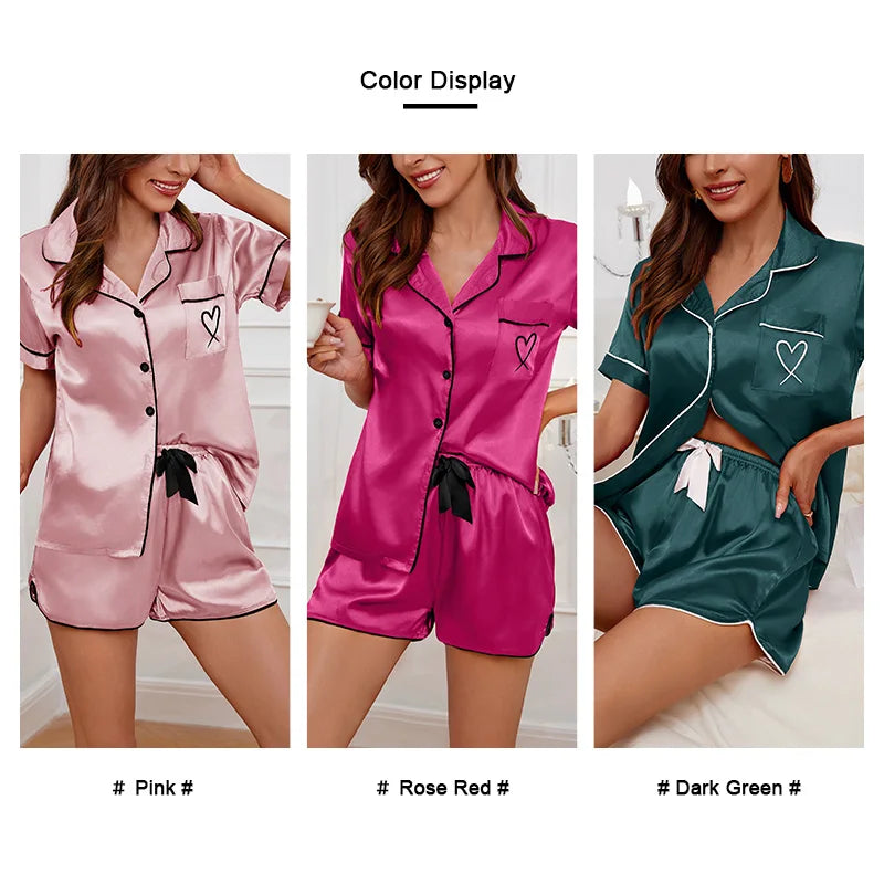 Sleepwear Turn-down Collar Button Up Top And Shorts Pajamas Set Comfortable Satin LADYLYS