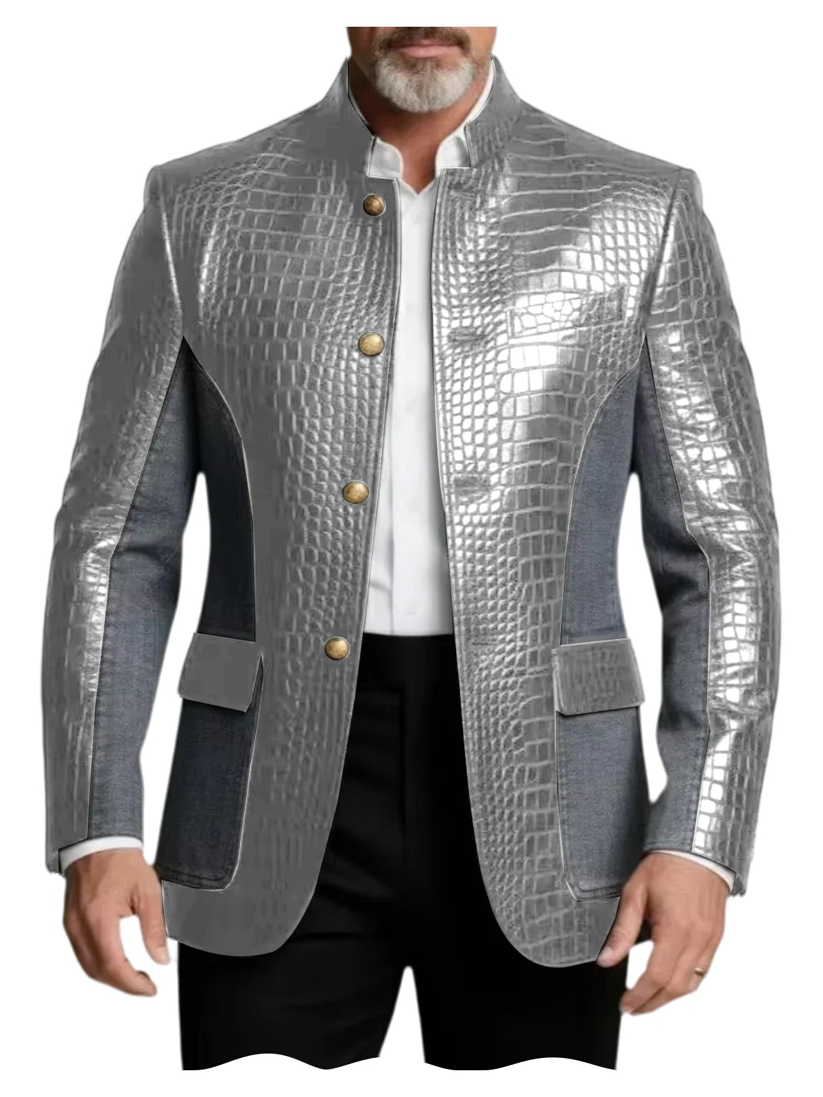 Men's Crocodile Embossed Leather Brown Jacket Patchwork Denim Luxury PU LADYLYS