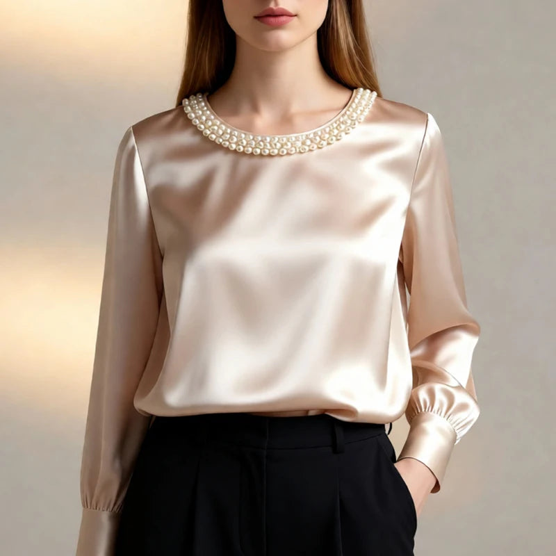 Elegant Satin Shirt Women Spring Autumn Bead Design Long Sleeve Silk Blouse Women Fashion O Neck Loose Pullover Tops LADYLYS
