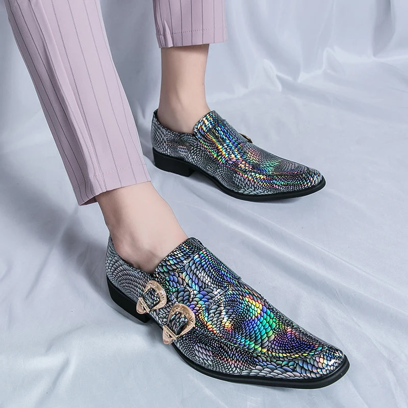 Luxury Men's Glossy Leather Loafers – High-End Green Banquet, Pointed Toe Chelsea