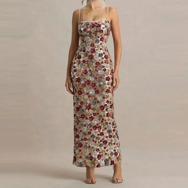 Elegant Flower Sequin Slim Suspender Sexy Long Dress LADYLYS