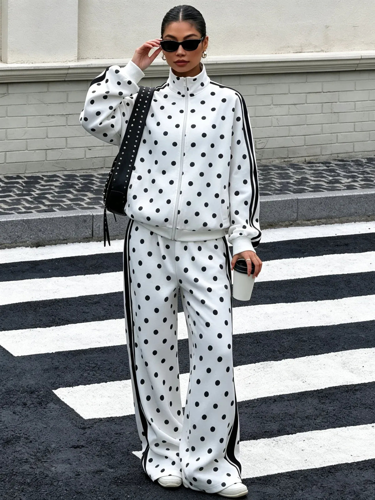 Women's Polka Dot Zip-Up Jacket & Wide-Leg Trousers Set