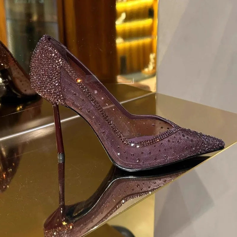 Women's Rhinestone Mesh Stiletto Pumps – Pointed Toe Slingback Heels