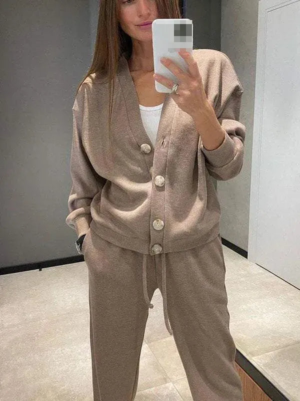 Women's Button-Front Cardigan & Tie-Waist Trousers Set