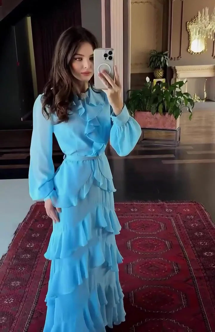 Women's Elegant Layered Ruffle Maxi Dress with Long Sleeves and Belt