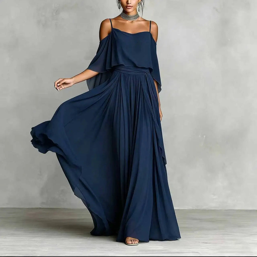 Summer Fashion Solid Chiffon Dress Elegant Off Shoulder Strap Bat Sleeve High Waist Long Dress Women Wedding Guest Outfits LADYLYS