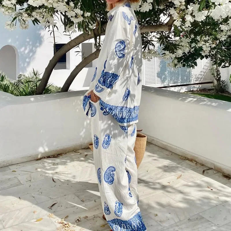 Summer Vacation Loose 2 Piece Sets Elegant Lady Long Sleeve Blouse Commute LADYLYS