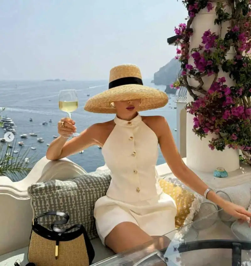 Red edging 2026 Sun Hats Hepburn hat Shiny Straw Hat European American  Braided Female Sunshade  chapeau femme LADYLYS