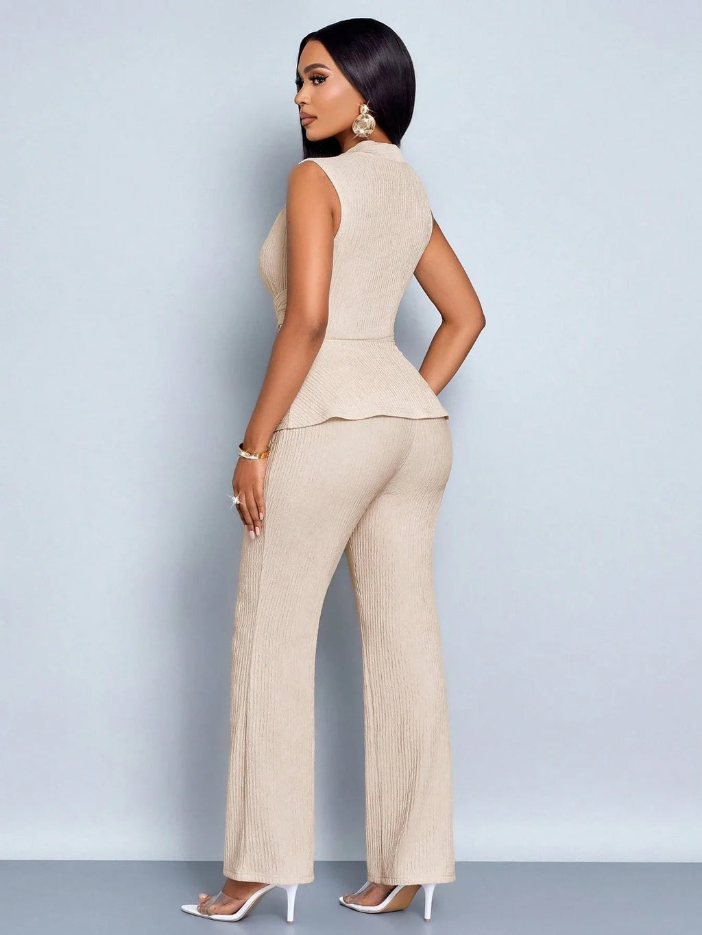 Apricot Elegant V-Neck Vest and Wide-Leg Pants Two-Piece Set LADYLYS