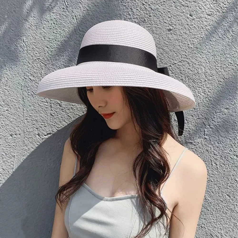 Vintage Breathable Straw Hat Black Ribbon Large Brim Sunshade Hat UV Protection Sun Hat Women LADYLYS