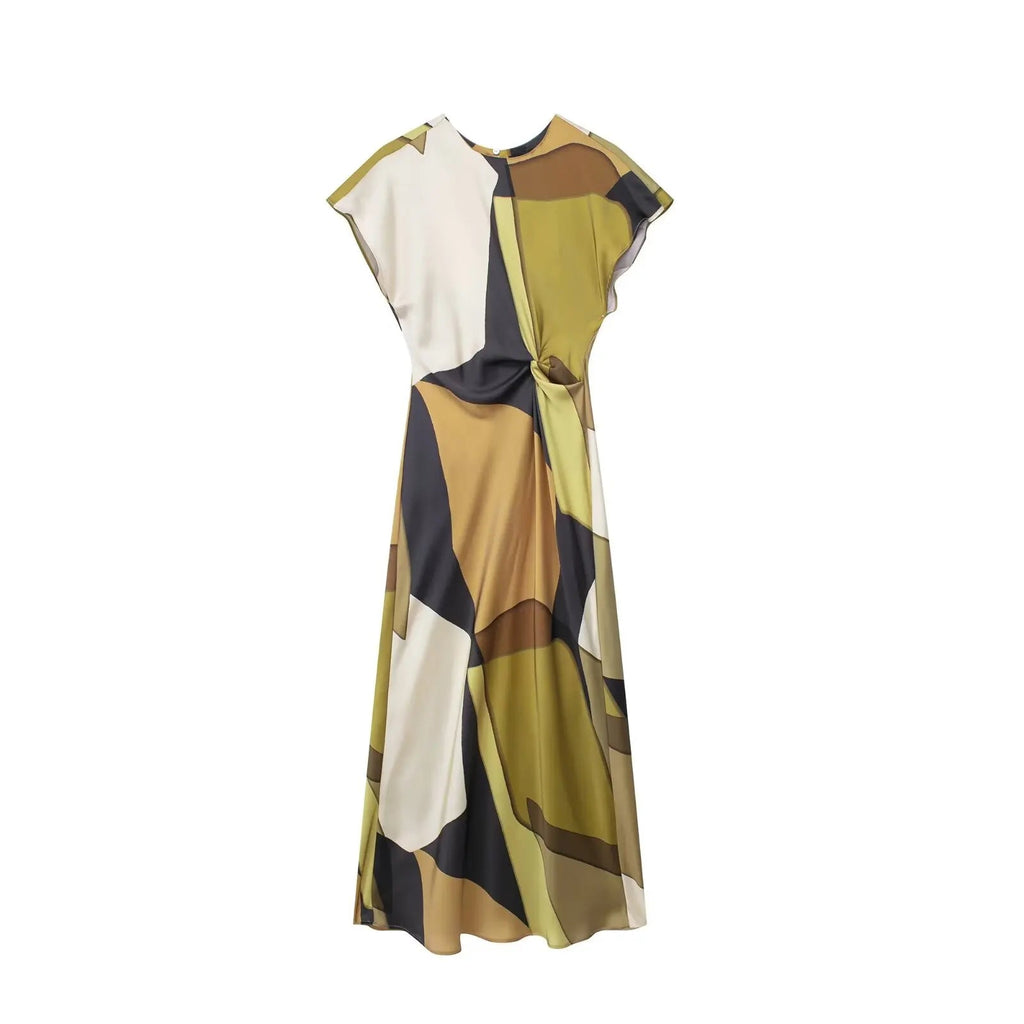 Vintage Satin Asymmetric Print Midi Pinch Pleat Long Dress LADYLYS
