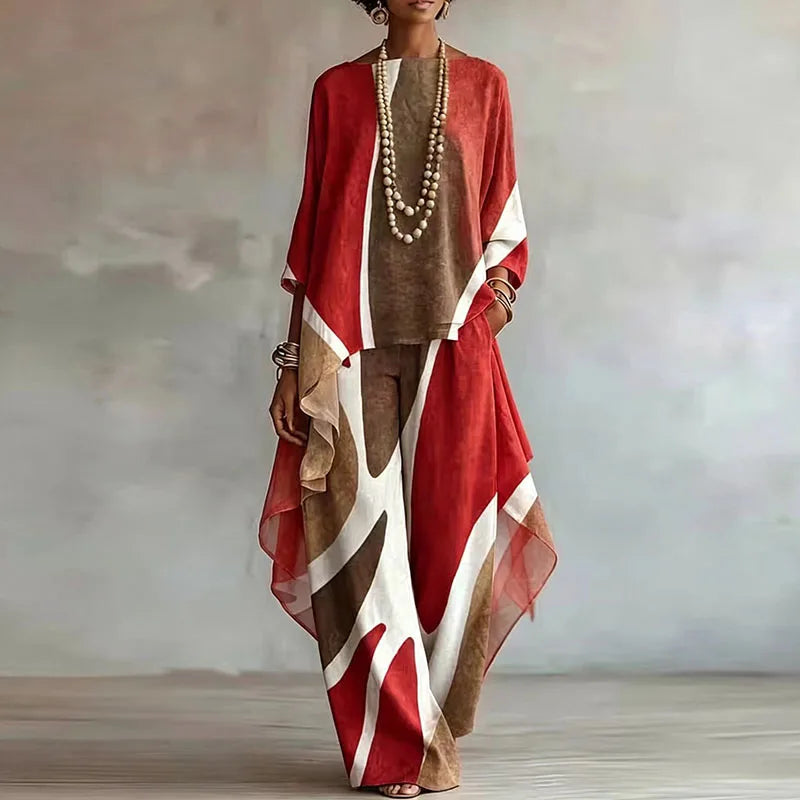 Elegant Contrast Color 2-Piece Set – Vintage Irregular Hem, Women's Outfit