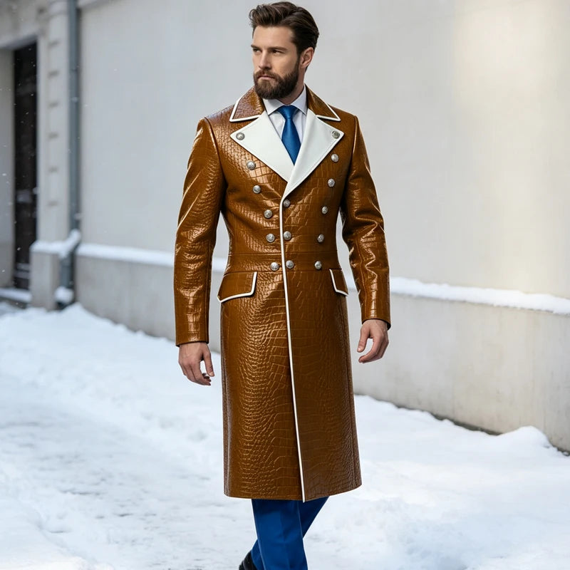 Men's Croc-Embossed Faux Leather Double-Breasted Overcoat with Contrast White Lapels