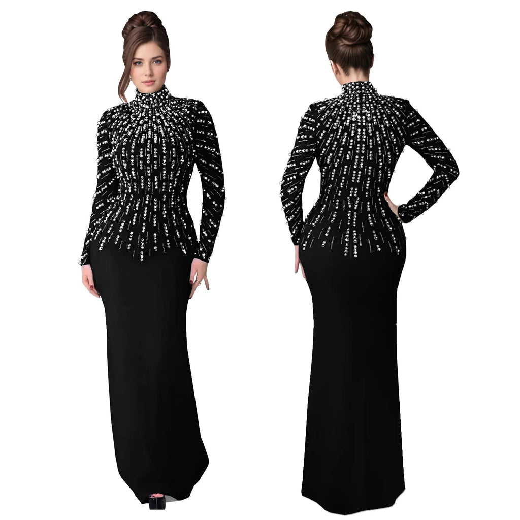 Elegant Party Diamond Pearl Long Bodycon Dress Women O Neck Long Sleeve Glitter LADYLYS