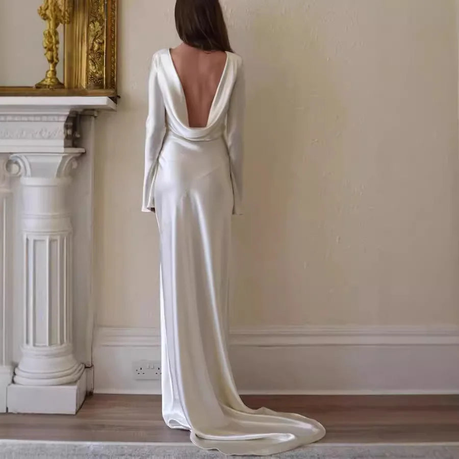 Ivory Backless Mermaid Maxi Dress with Long Sleeves