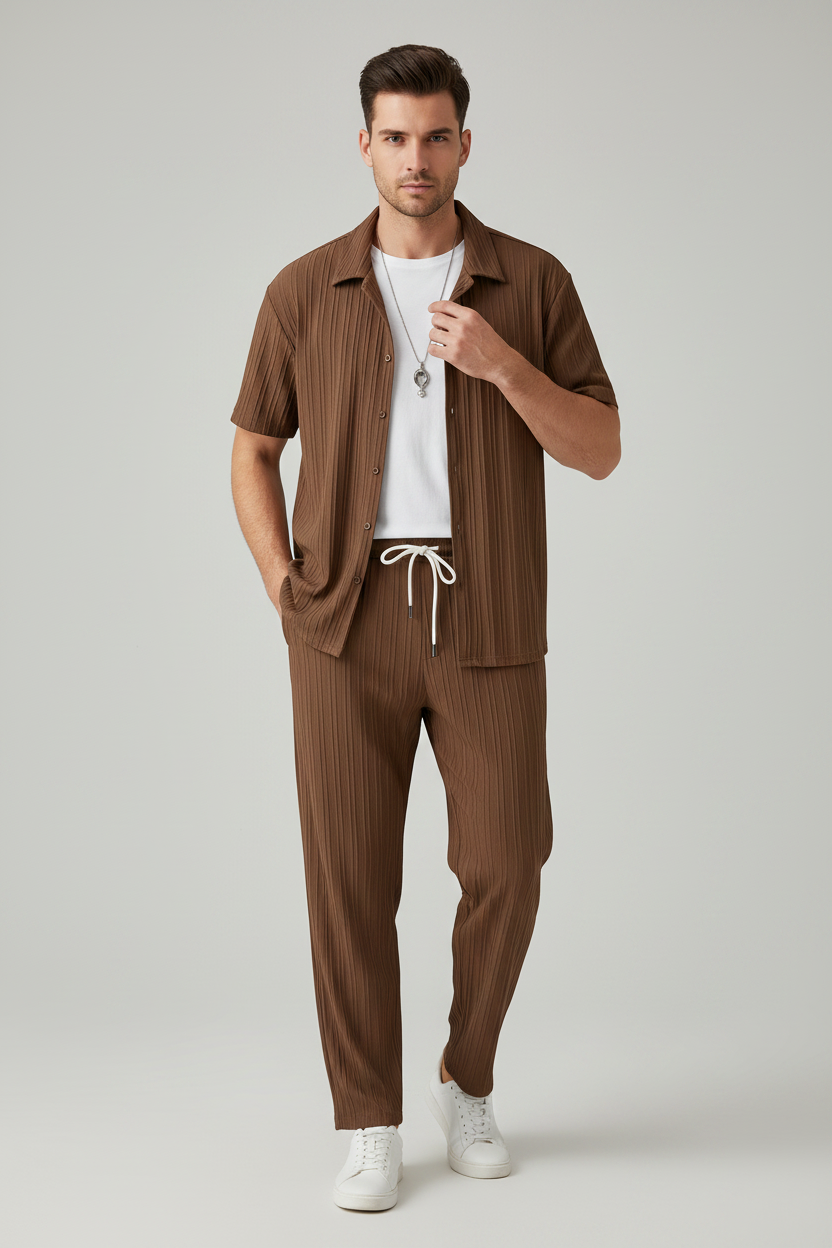 Men's suit in brown worn by a model