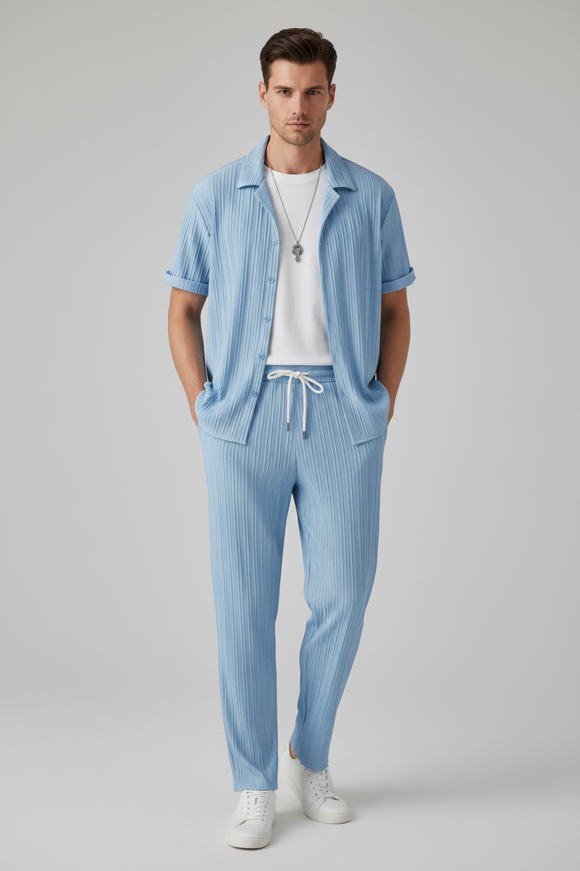 Men's suit in light blue worn by a model