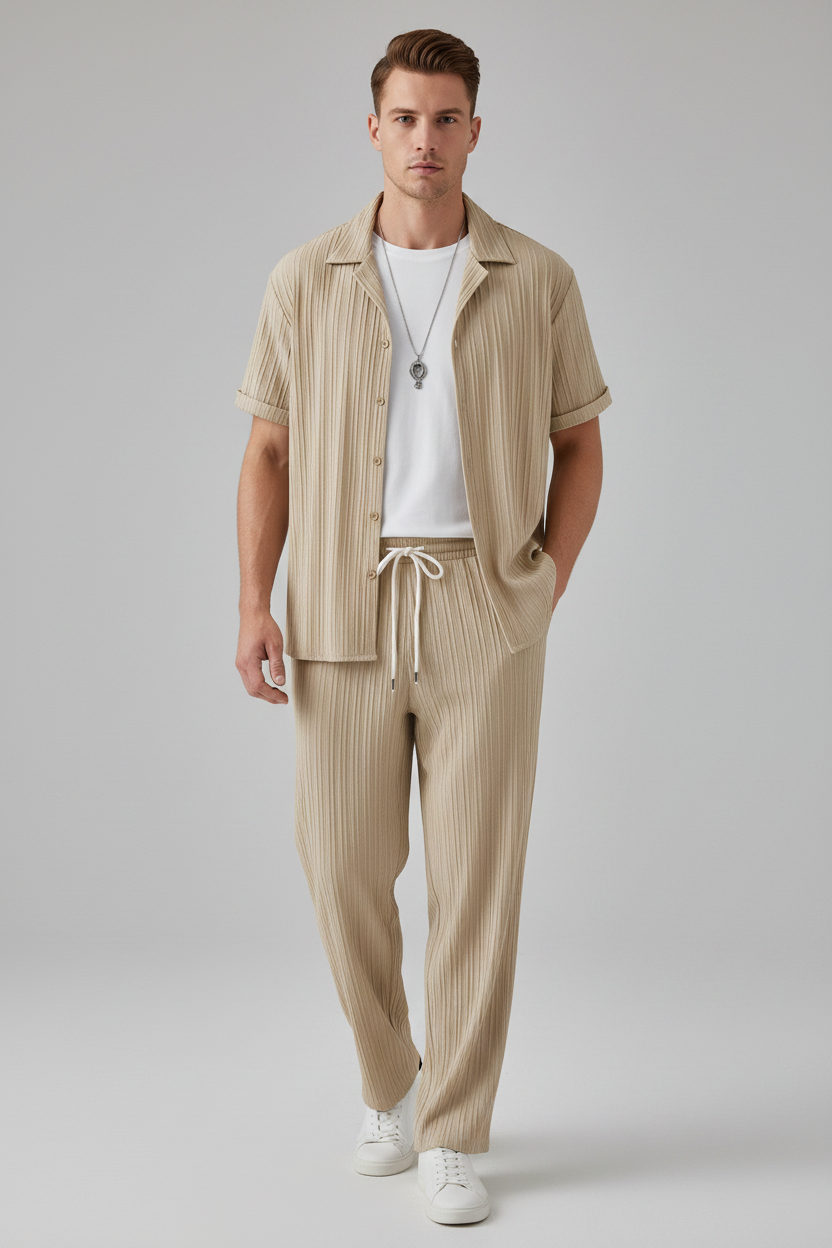 Men's suit in beige worn by a model