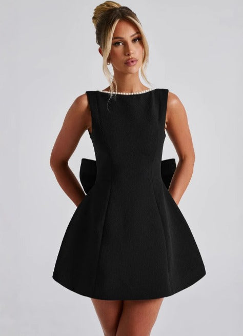 Pearl bow fashion slim short skirt backless spicy girl A-line dress LADYLYS