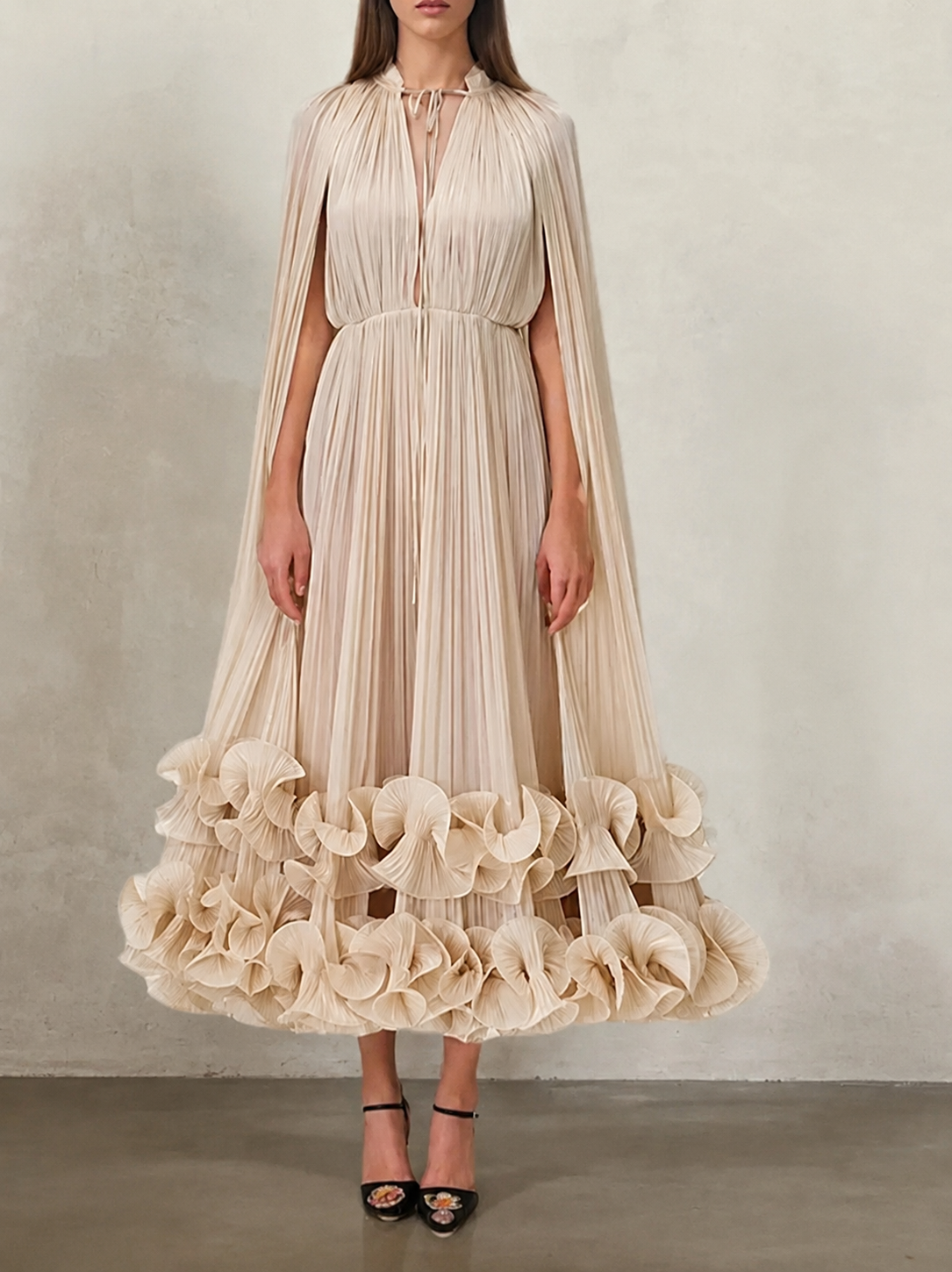 Women's V-Neck Cape Sleeve Maxi Dress – Ruffle Edge, A-Line Floor-Length