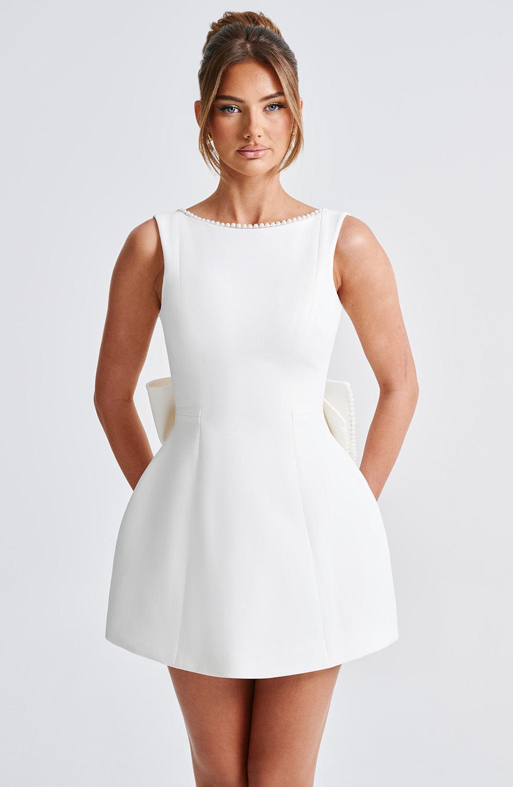 Pearl bow fashion slim short skirt backless spicy girl A-line dress LADYLYS