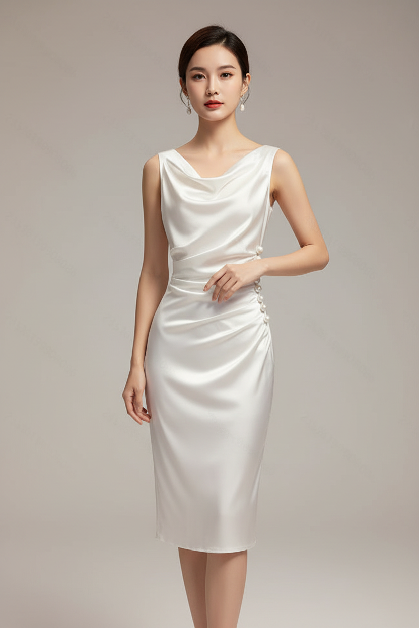 Women's Elegant Sleeveless Midi Dress – White on model